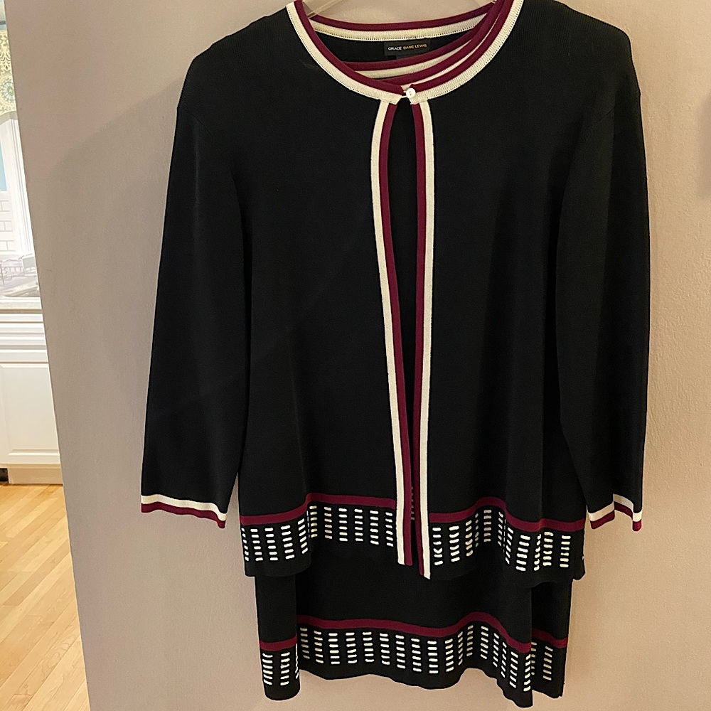 3 piece knit suit; jacket, sleeveless top, skirt